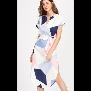 Rolled Sleeve Slit Side Curved Hem Self Tie Dress